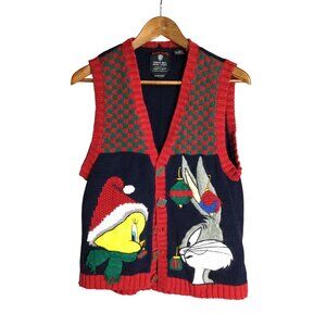Vintage 90s Looney Tunes Tweety Buggs Sweater Vest Hand Knit Eagles Eye